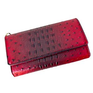 Faux Leather Ostrich Wallet Clutch Purse Red Black Trifold